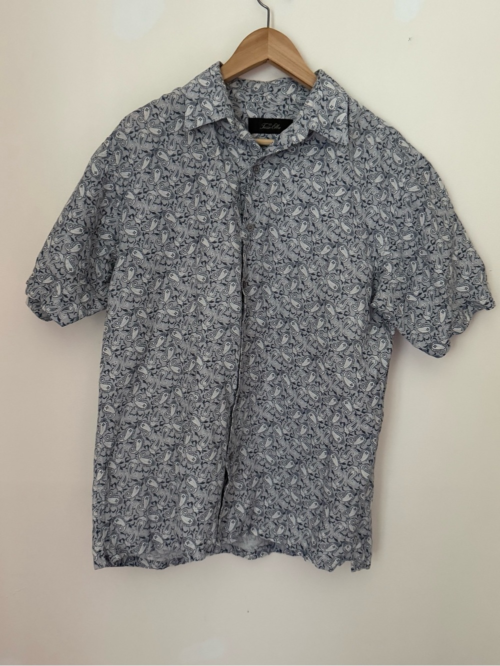 Tasso Elba Blue and White Short Sleeve Paisley Button-Down Shirt